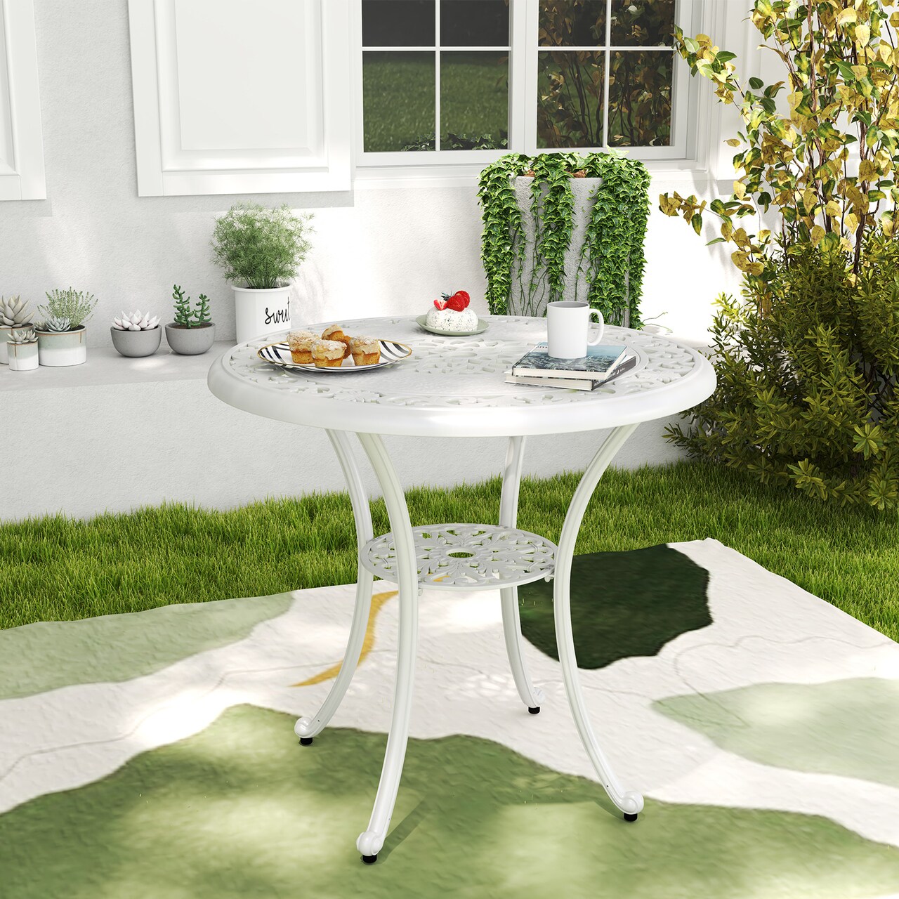 31.5 Inch White Cast Aluminum Patio Bistro Dining Table with Umbrella Hole and Rust-Resistant